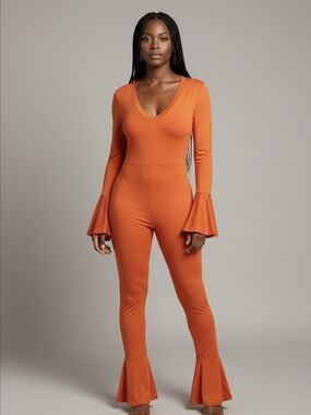 Women's Orange Long-Sleeve V-Neck Jumpsuit with Flared Cuffs